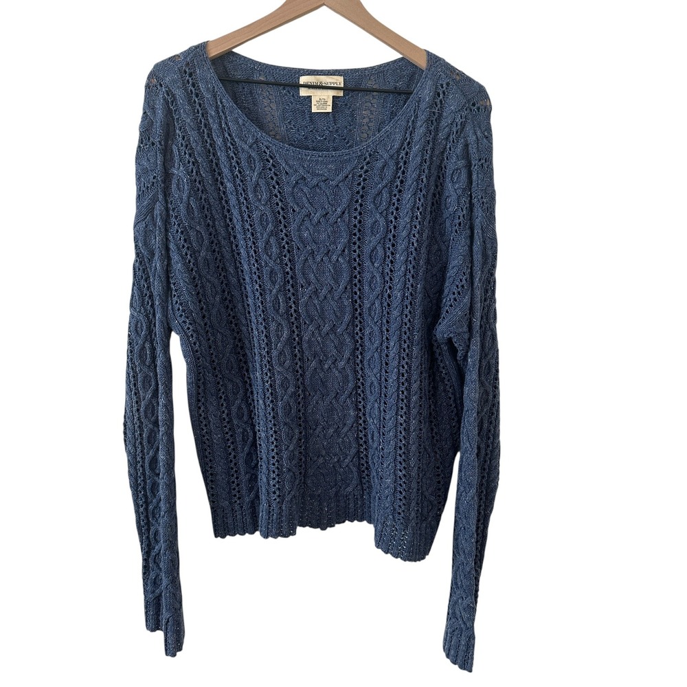 Denim & Supply Ralph Lauren Sweater Women XL Blue Excellent Crochet Cable Knit